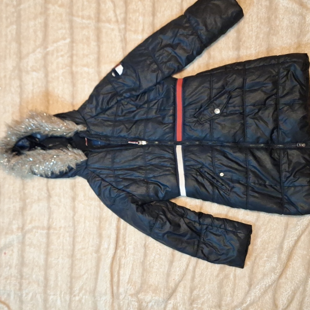 Tommy Hilfiger Girls Navy Long Faux Fur Trim Zip Hooded Puffer Jacket NWT